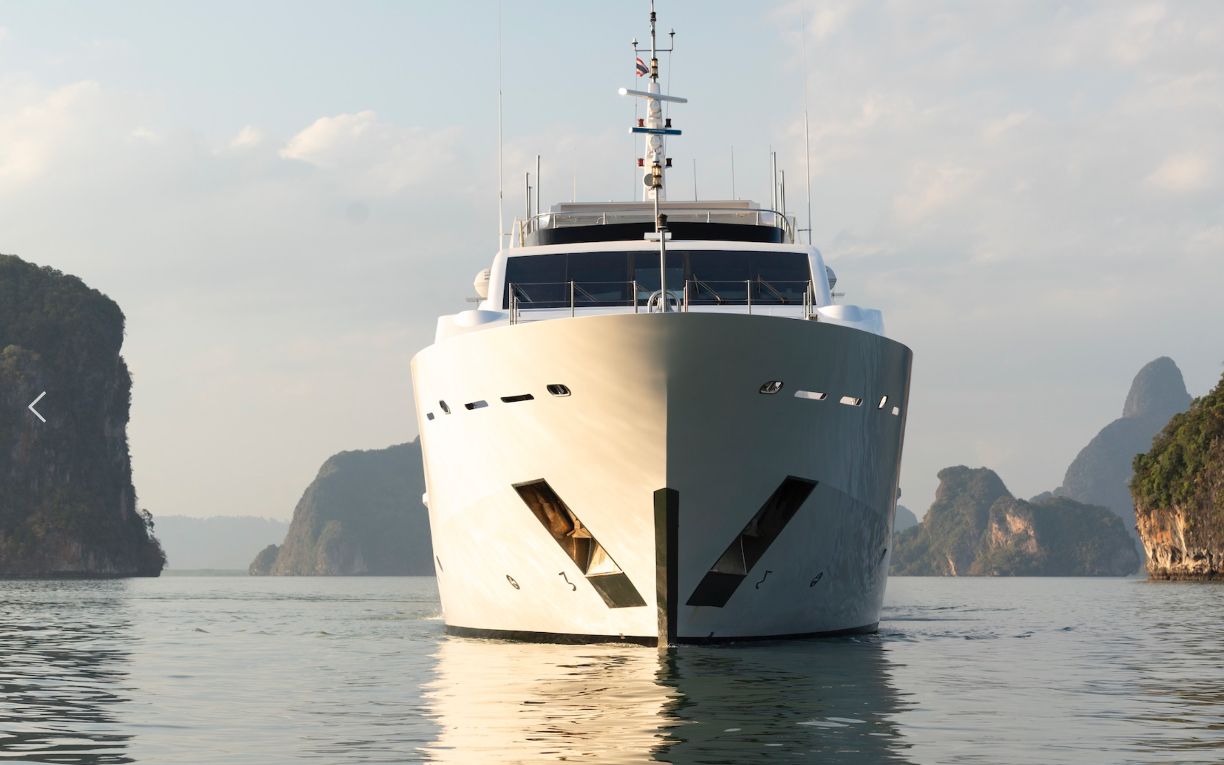 Thailand Superyacht Charter — bow view in Phang Nga Bay