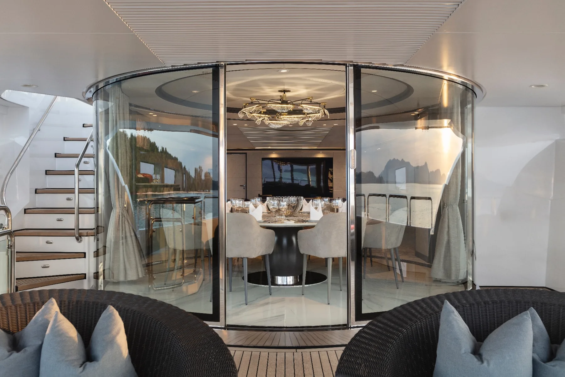 Sky lounge dining aboard Panakeia superyacht in Thailand